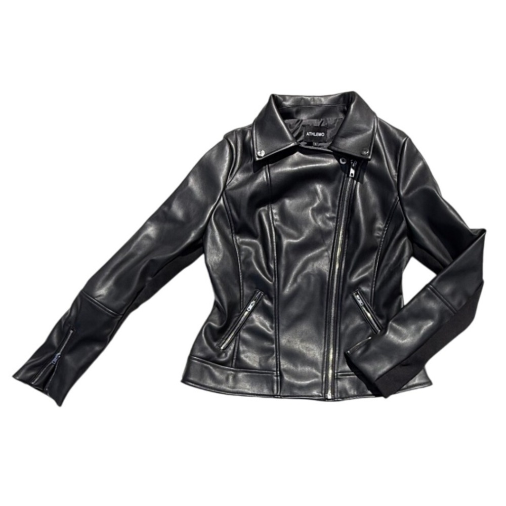 Athlemo Faux Leather Moto Biker Jacket‎ Asymmetrical Zip Black Size L